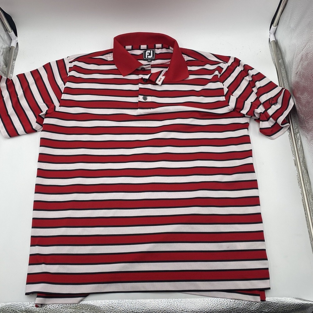 FootJoy Men's Golf Polo Shirt‎ Large Red Striped Polyester Blend Athletic Fit